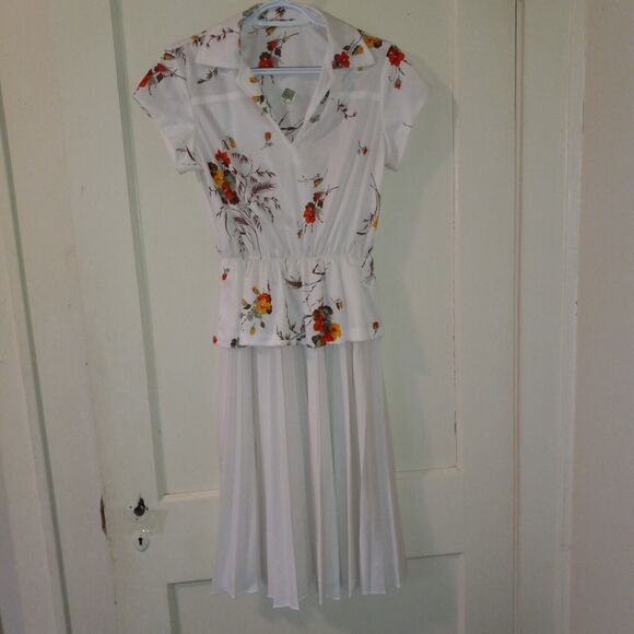 Vintage Miss Challenge Floral Dress-Size 10-Peplum-Elastic Waist-Knife Pleats - Picture 1 of 8